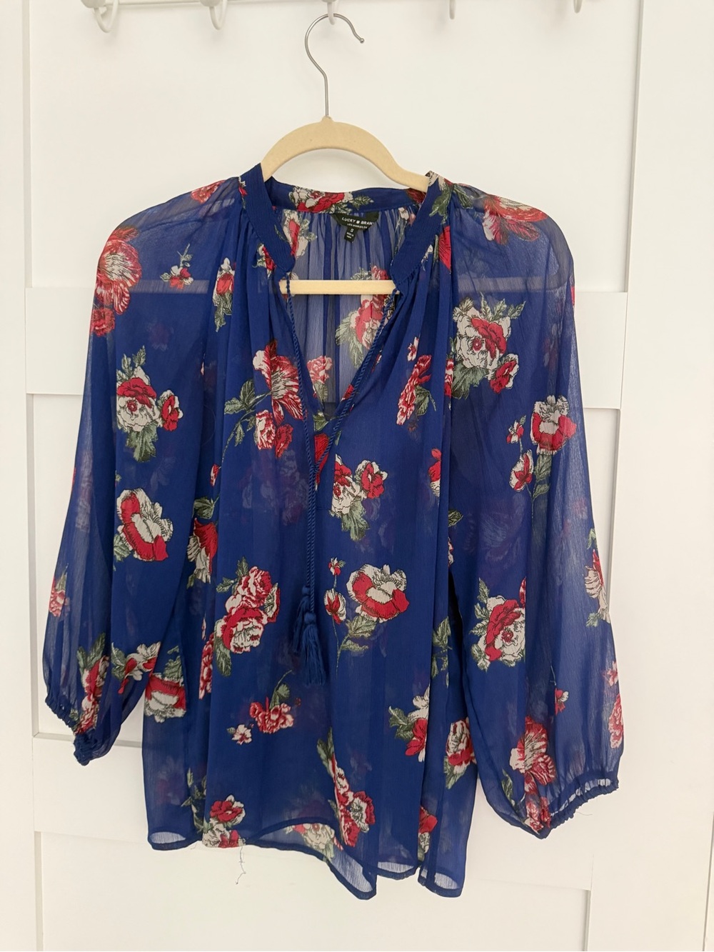 Lucky Brand Navy Blue Floral Sheer Peasant Blouse